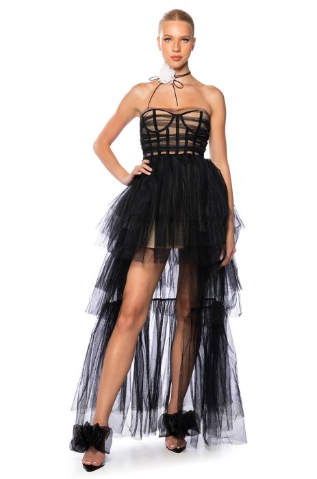 PARTY STARTER HIGH LOW TULLE DRESS IN BLACK MULTI