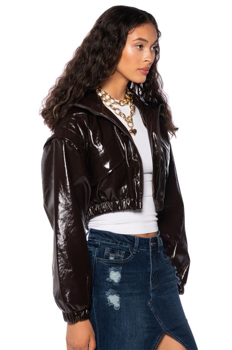 PATENT BROWN CROP BOMBER JACKET IN BROWN