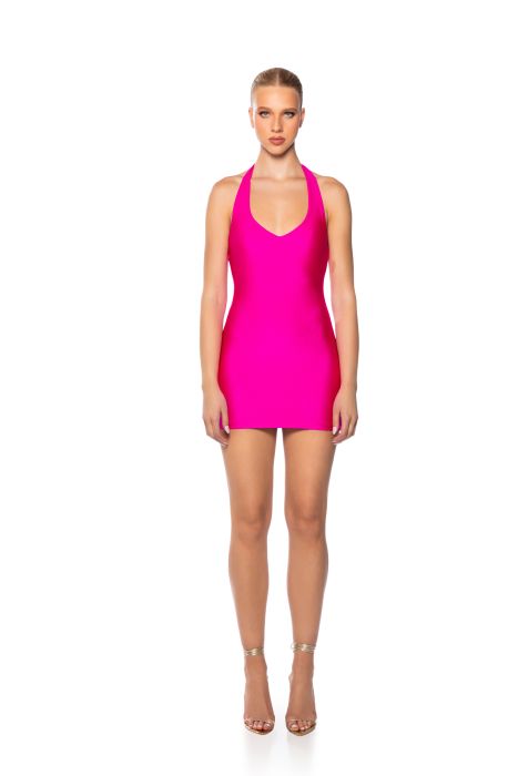 PAXTON DISCO HALTER NECK BODYCON MINI DRESS IN DARK PINK