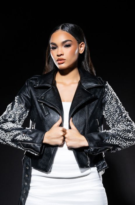 Pearl Shells Arm Embellished Moto in BLACK