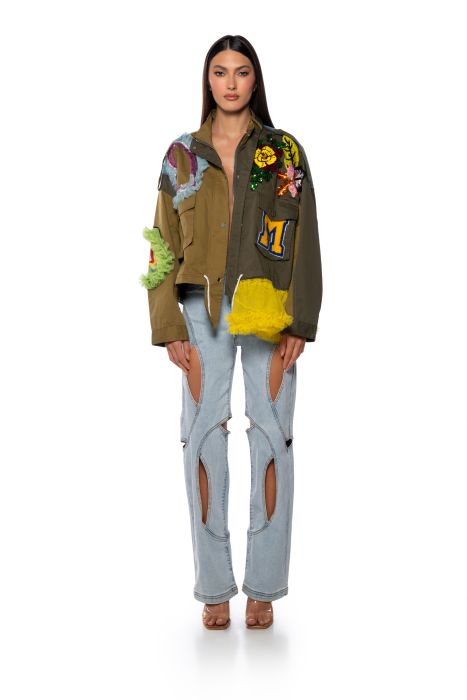 PICCADILLY EMBELLISHED MIX MEDIA JACKET in olive