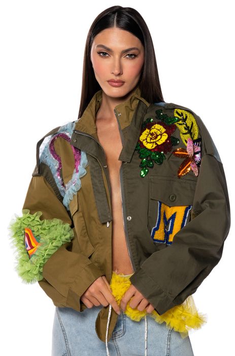 PICCADILLY EMBELLISHED MIX MEDIA JACKET in olive