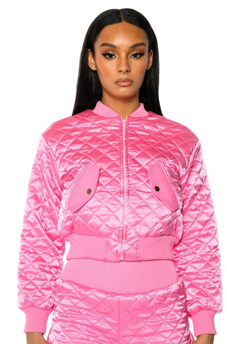 ITS GIVING QUILTED SPRING BOMBER IN PINK