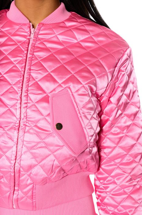 ITS GIVING QUILTED SPRING BOMBER IN PINK