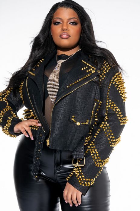 PLUS AZALEA WANG CITY SLICKER GOLD STUD CROC MOTO JACKET