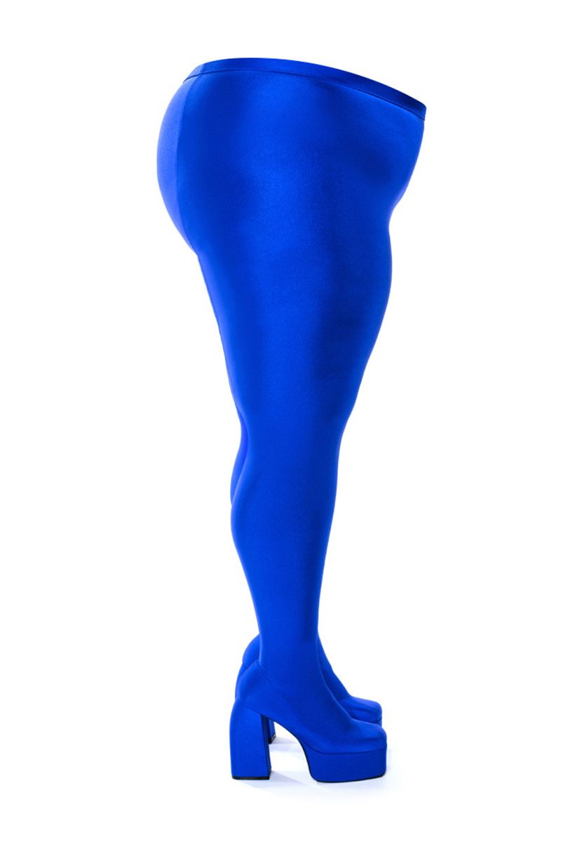 PLUS AZALEA WANG STAR STRETCH CHUNKY HEEL PANT BOOT IN BLUE