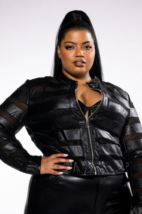 PLUS AZALEA WANG NOW AND FOREVER SHEER PANEL MOTO JACKET