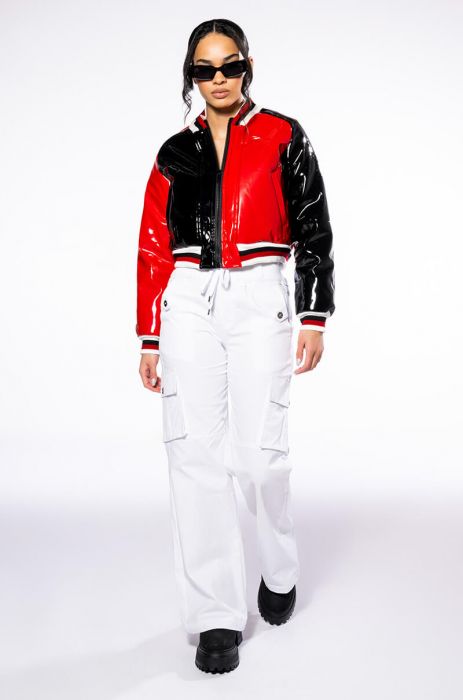 PRIMARY SCHOOL PU VARSITY BOMBER in red multi