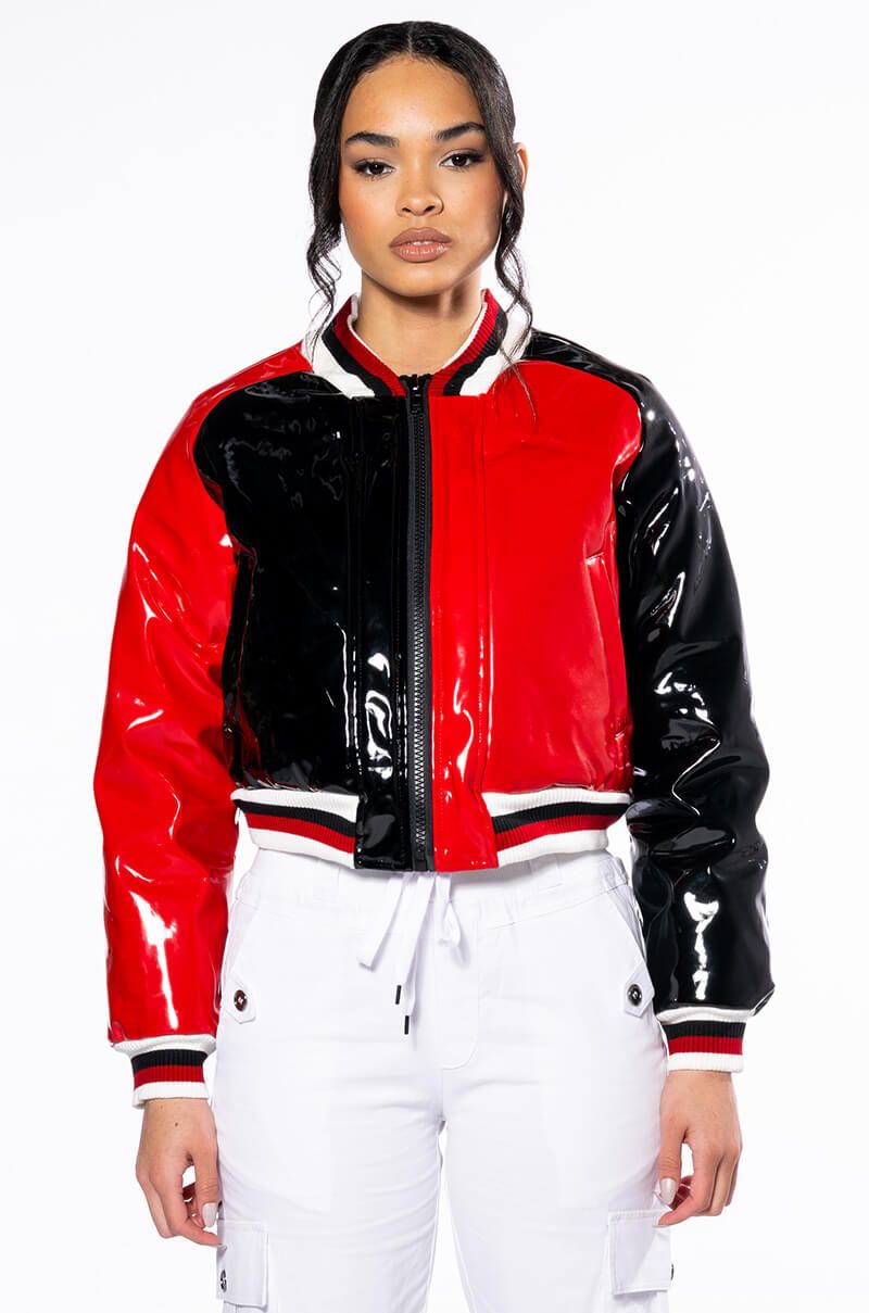 PRIMARY SCHOOL PU VARSITY BOMBER in red multi