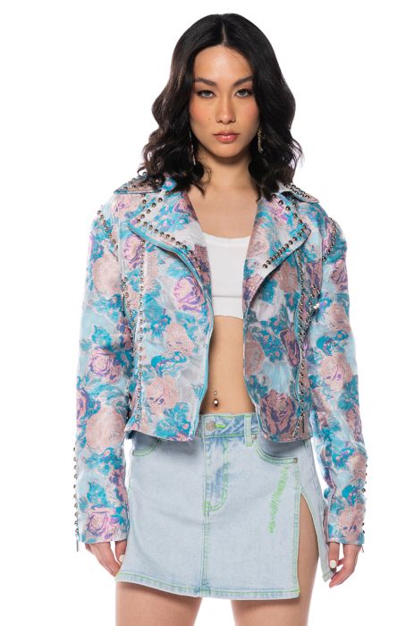PRIMROSE STUDDED BROCADE MOTO JACKET in blue multi