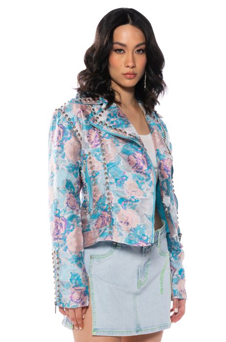 PRIMROSE STUDDED BROCADE MOTO JACKET in blue multi