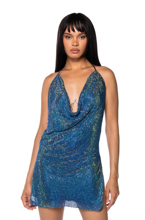PROCEED WITH CAUTION RHINESTONE HALTER NECK DRESS IN ROYAL BLUE