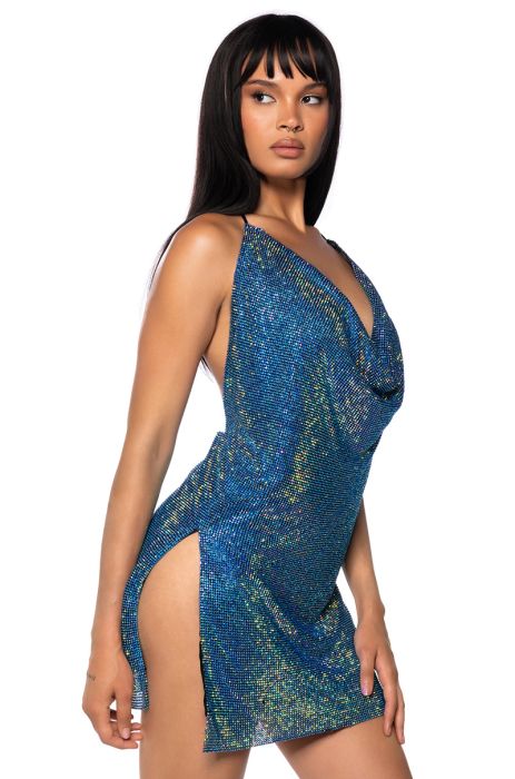 PROCEED WITH CAUTION RHINESTONE HALTER NECK DRESS IN ROYAL BLUE