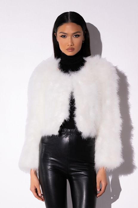 QUINN CROPPED FEATHER JACKET IN WHITE