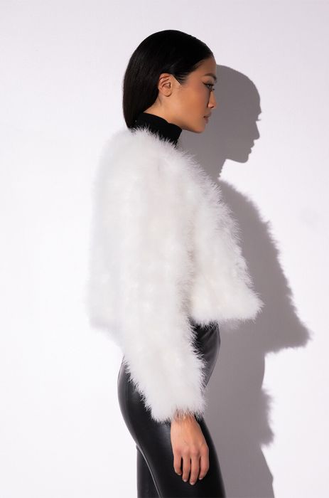 QUINN CROPPED FEATHER JACKET IN WHITE