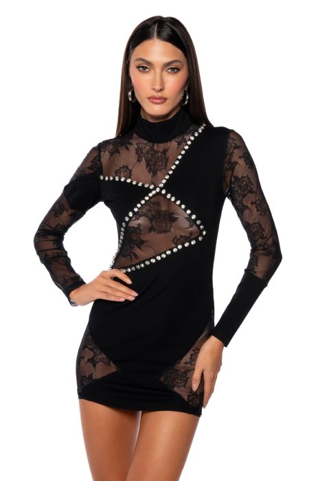 RAMONA LACE EMBELLISHED MINI DRESS IN BLACK