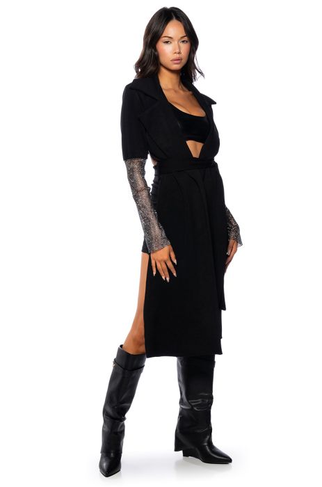 RHINESTONE MESH SLEEVE DUSTER IN BLACK