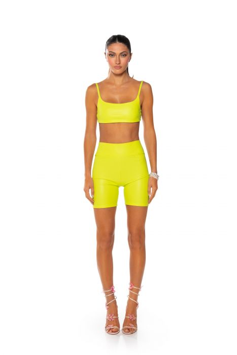 RIO FAUX LEATHER BIKER SHORT WITH 4 WAY STRETCH IN LIME GREEN
