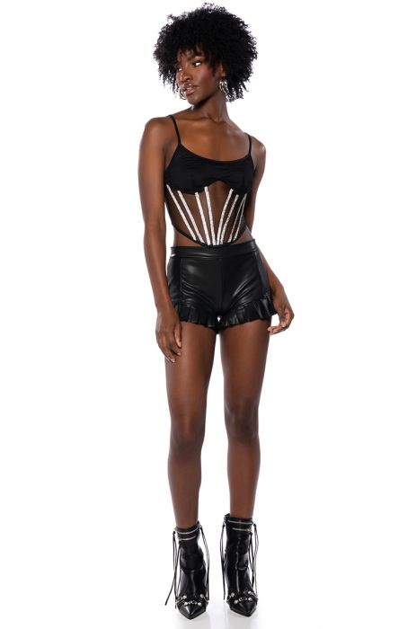 RIO FAUX LEATHER RUFFLE BOOTY SHORT IN BLACK