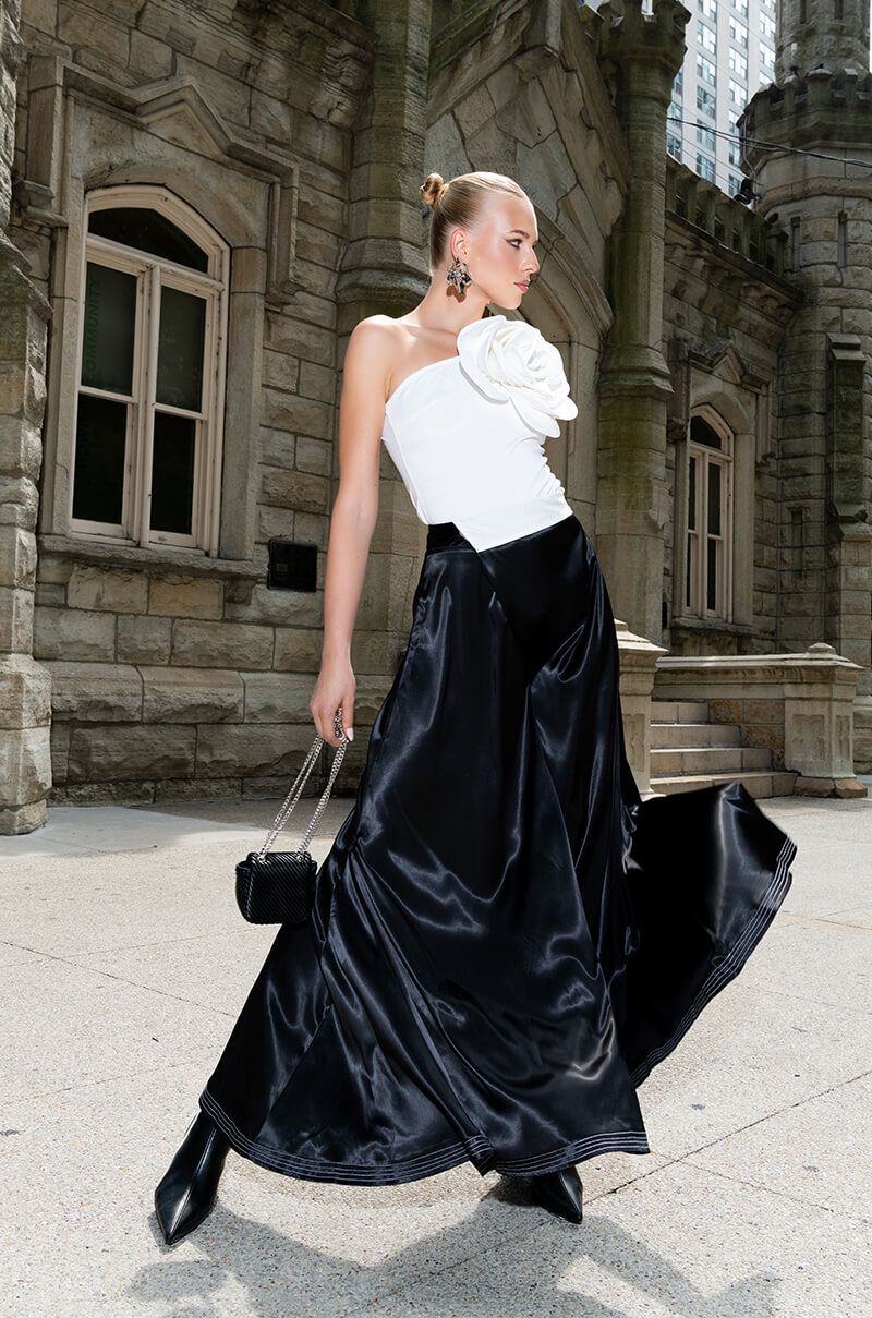 RISKY BUSINESS WRAP AROUND WIDE LEG SATIN PANT IN BLACK