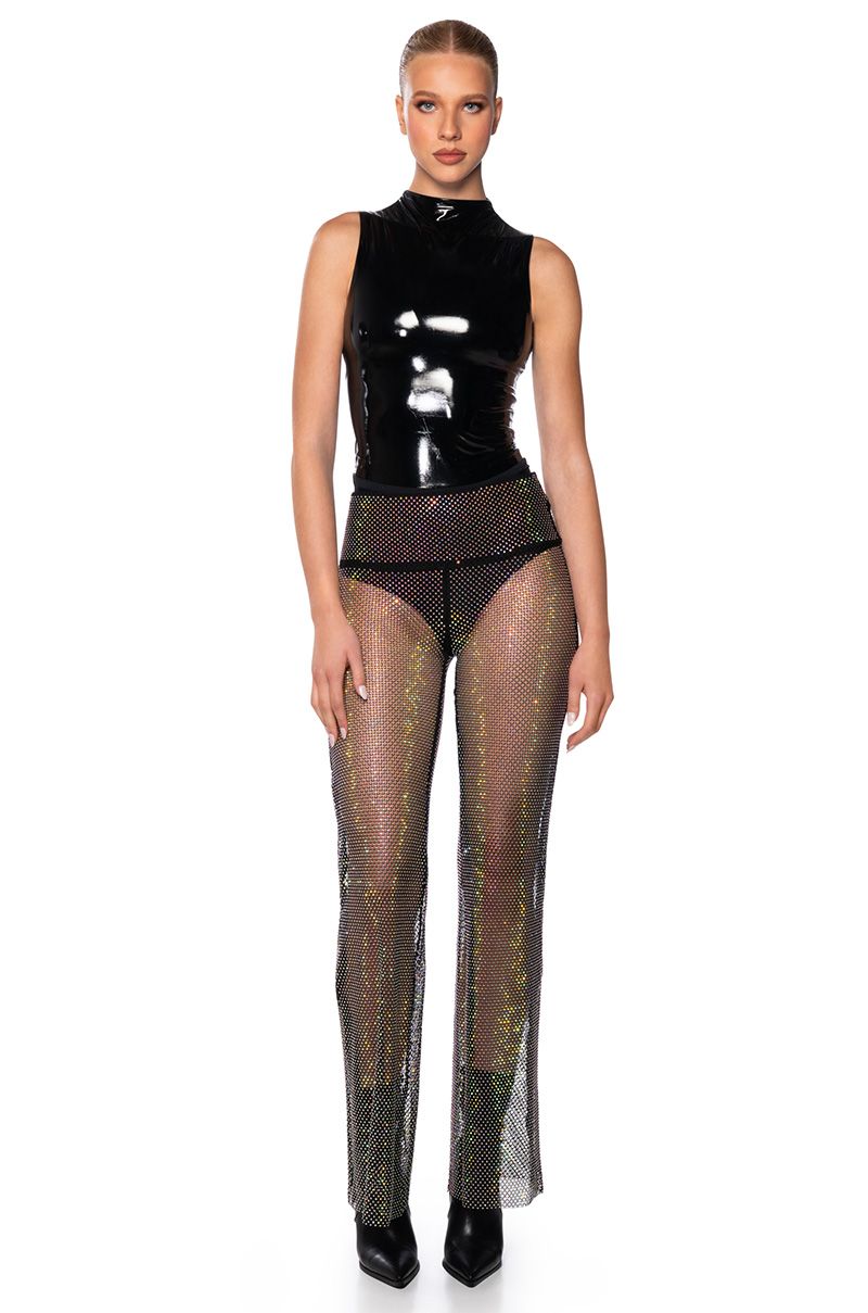 ROXY RHINESTONE MESH STRAIGHT LEG PANT in black