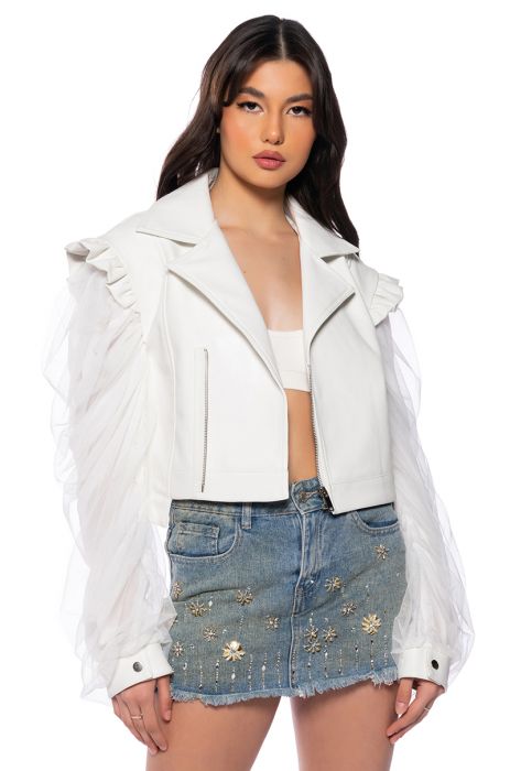 ROYAL COURT CONVERTIBLE RUFFLED MOTO JACKET WITH MESH SLEEVES in white