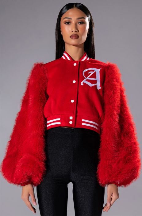 RUELA VARSITY BOMBER WITH FUR SLEEVES in red