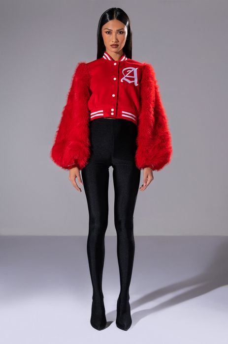 RUELA VARSITY BOMBER WITH FUR SLEEVES in red