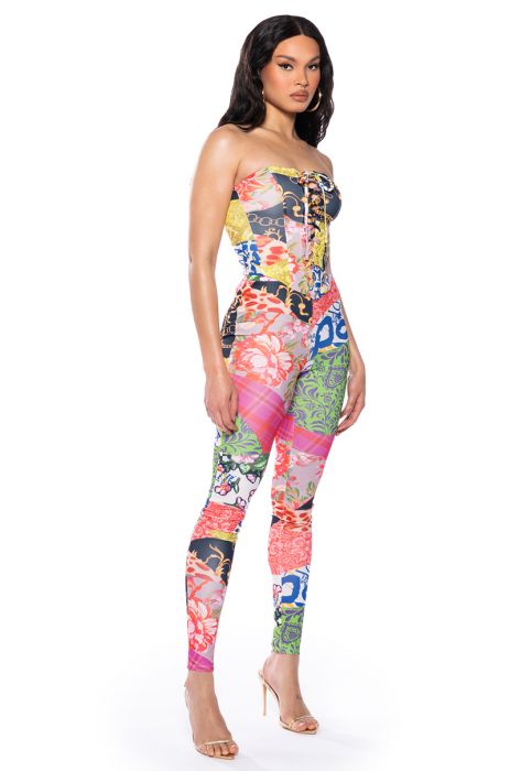 SHOW OFF LACE UP CORSET AND PANT SET in MULTI