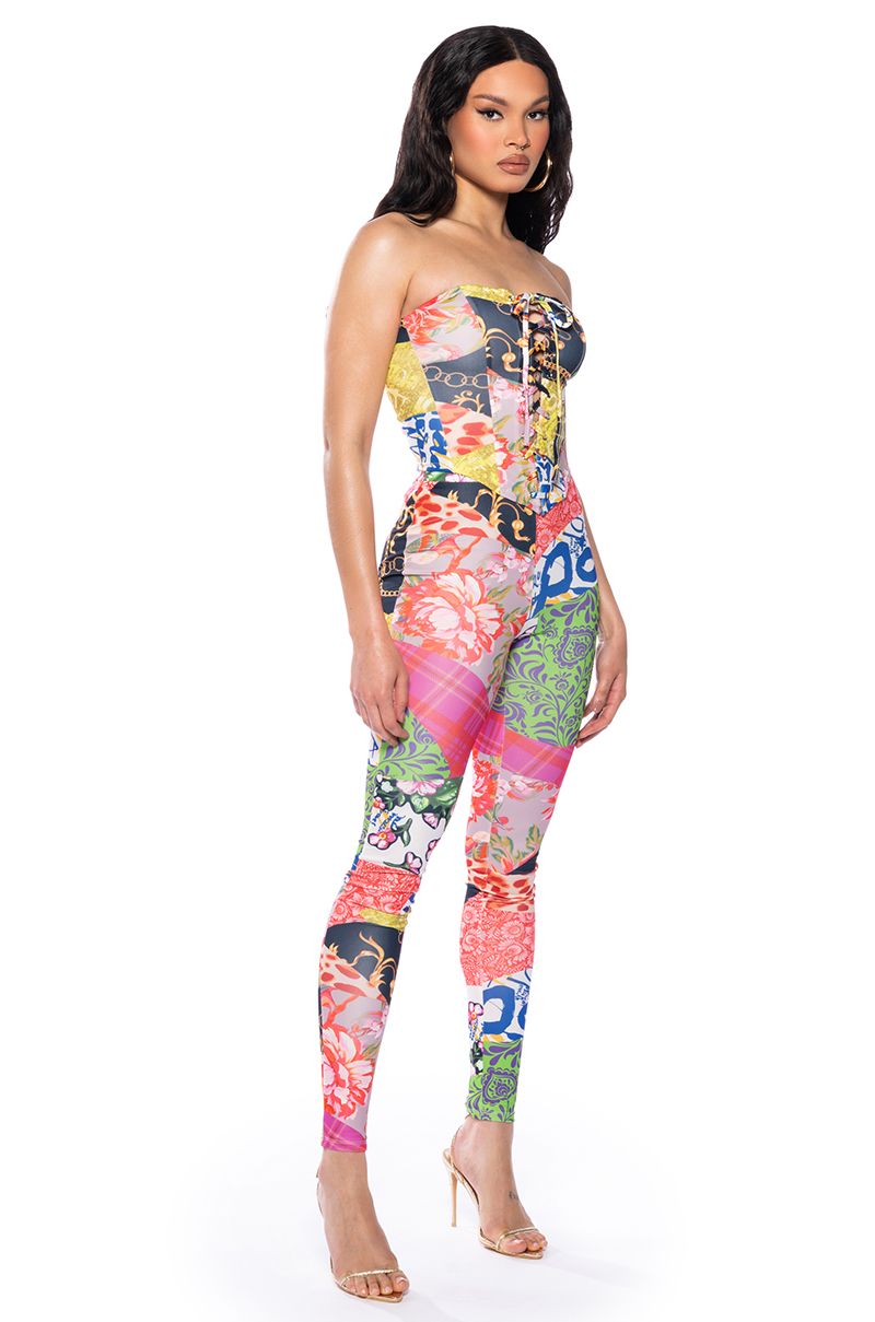SHOW OFF LACE UP CORSET AND PANT SET in MULTI