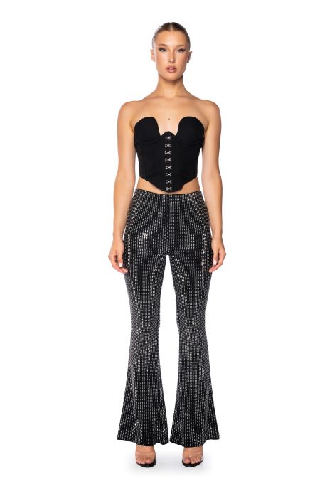 SHOW OUT RHINESTONE FLARE PANT in black silver