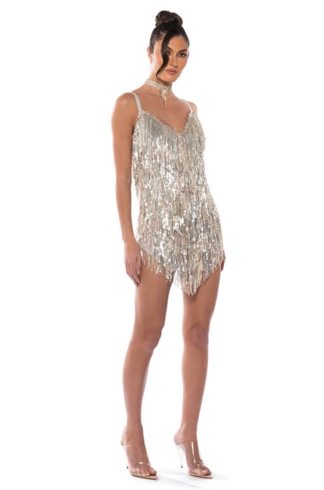 SHOW UP FRINGE MINI DRESS IN SILVER