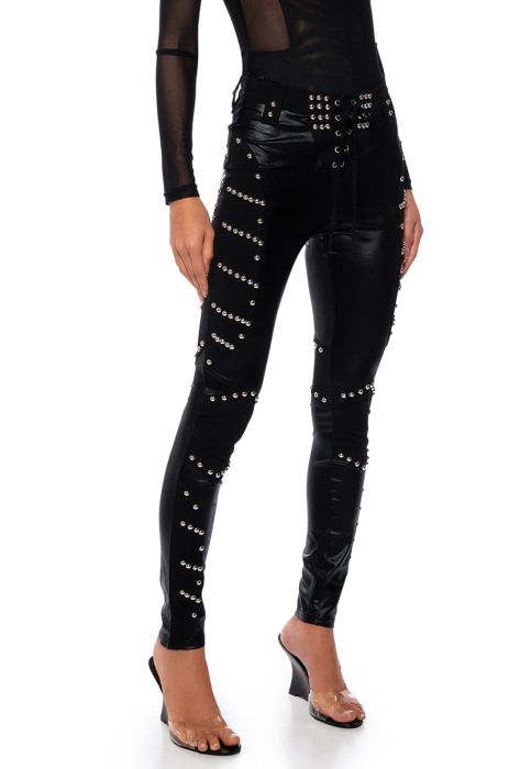 SIDE TO SIDE STUDDED HIGH WAIST LACE UP PANTS IN BLACK