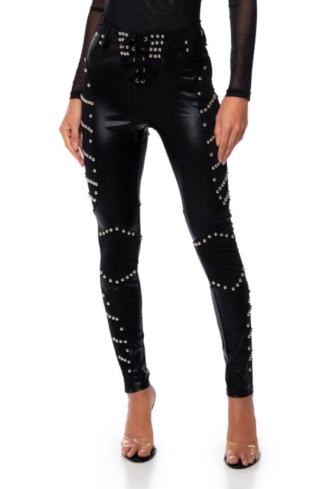 SIDE TO SIDE STUDDED HIGH WAIST LACE UP PANTS IN BLACK