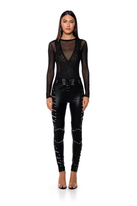 SIDE TO SIDE STUDDED HIGH WAIST LACE UP PANTS IN BLACK
