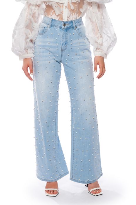 SIT PRETTY EMBELLISHED WIDE LEG JEANS IN LIGHT BLUE DENIM