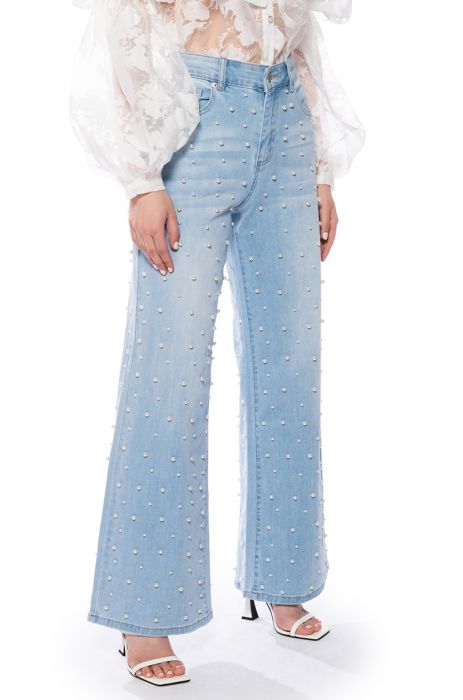 SIT PRETTY EMBELLISHED WIDE LEG JEANS IN LIGHT BLUE DENIM