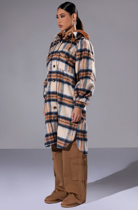 SOMETHING IN THE AIR HOODED SHACKET IN TAUPE