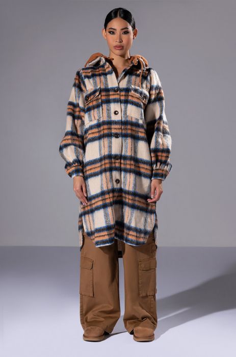 SOMETHING IN THE AIR HOODED SHACKET IN TAUPE