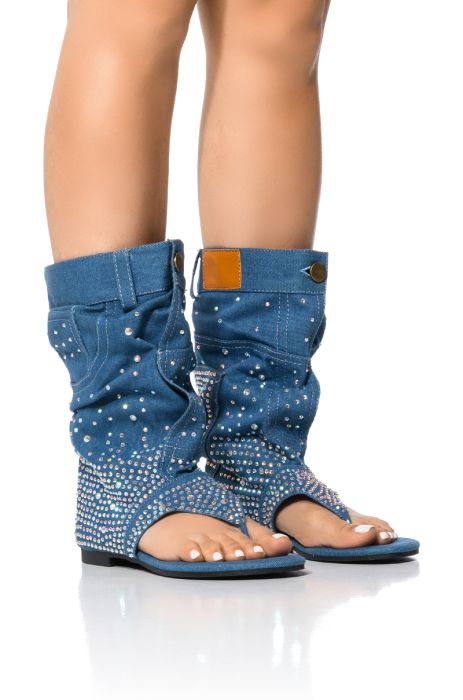 SOMETHING NEW EMBELLISHED DENIM SANDAL BOOTIE IN BLUE