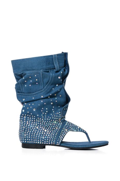 SOMETHING NEW EMBELLISHED DENIM SANDAL BOOTIE IN BLUE