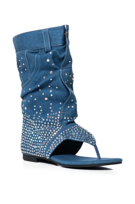 SOMETHING NEW EMBELLISHED DENIM SANDAL BOOTIE IN BLUE