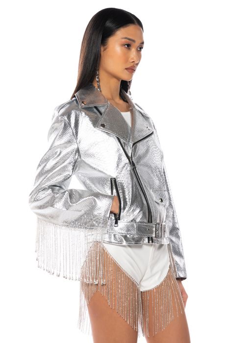 SPACE CASE METALLIC CROC RHINESTONE FRINGE MOTO in silver