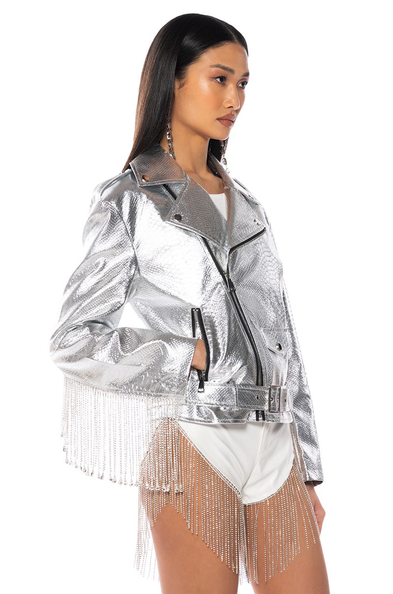 SPACE CASE METALLIC CROC RHINESTONE FRINGE MOTO in silver