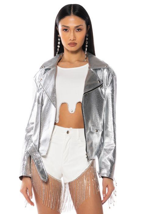 SPACE CASE METALLIC CROC RHINESTONE FRINGE MOTO in silver