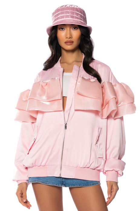SPICE UP YOUR LIFE RUFFLE BOMBER in pink