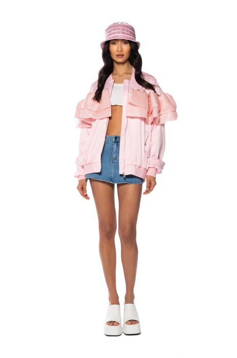 SPICE UP YOUR LIFE RUFFLE BOMBER in pink