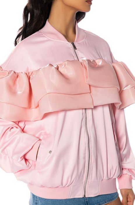 SPICE UP YOUR LIFE RUFFLE BOMBER in pink