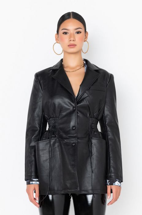 STREET STYLE STAR FAUX LEATHER BLAZER JACKET IN BLACK