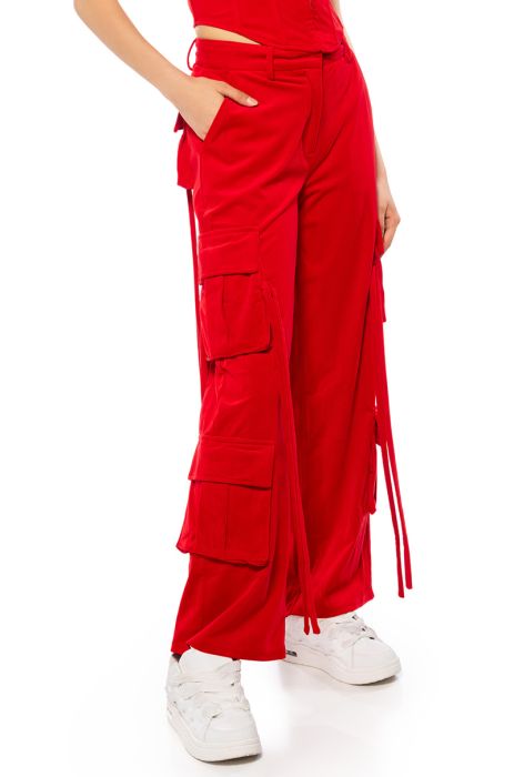STYLIST WIDE LEG VELVET CARGO PANTS IN RED